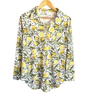 Lularoe Small Valentina Top Button Up Long Sleeve Lemons Leaves Black Dots NWT
